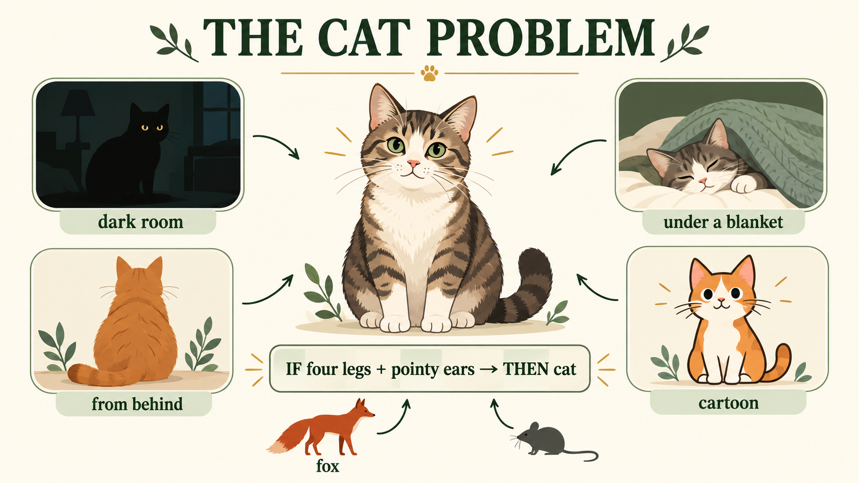 An illustration showing why simple rules struggle to recognise cats: cats appear in many poses and settings, and some features are shared with other animals.