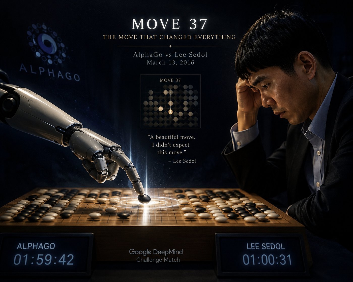 AlphaGo Move 37 — March 13, 2016. Robotic arm placing a stone on the Go board as Lee Sedol looks on.
